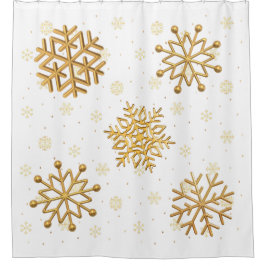 金ゴールドメタリックスノーフレークon白 シャワーカーテン