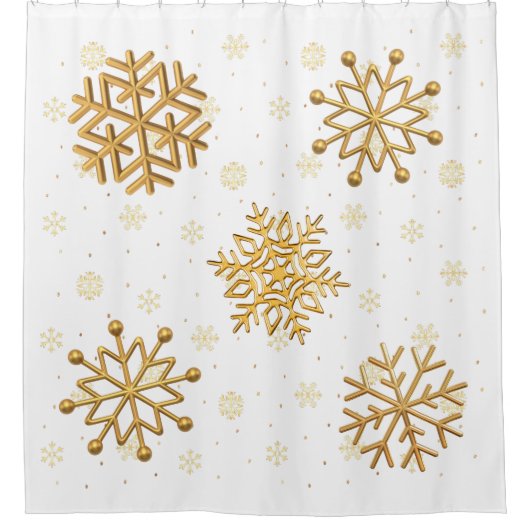 金ゴールドメタリックスノーフレークon白 シャワーカーテン (正面)