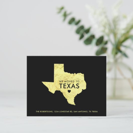 金ゴールドメタリックテキサス州マップ黒の新しいアドレス 案内ポストカード (スタンド正面)