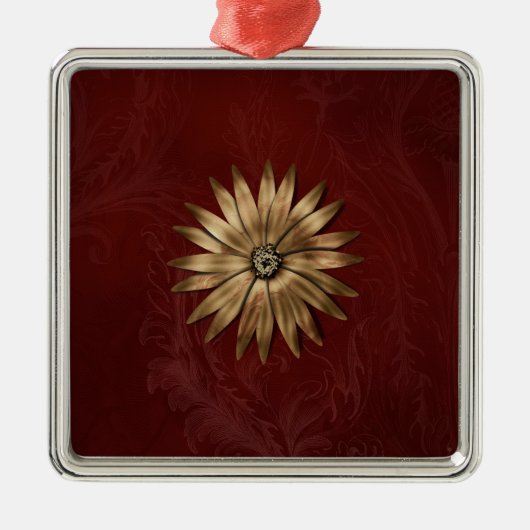 金ゴールドメタリックフラワーを赤い生地に メタルオーナメント (正面)