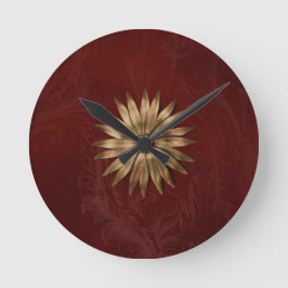 金ゴールドメタリックフラワーを赤い生地に ラウンド壁時計