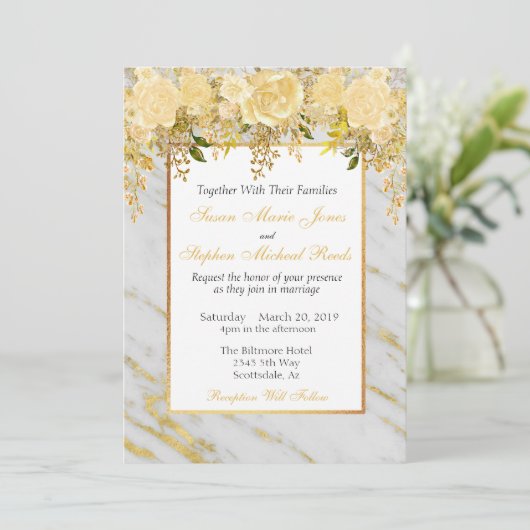 金ゴールドメタリックマーブルフラワーズ結婚式招待状 招待状 (スタンド正面)