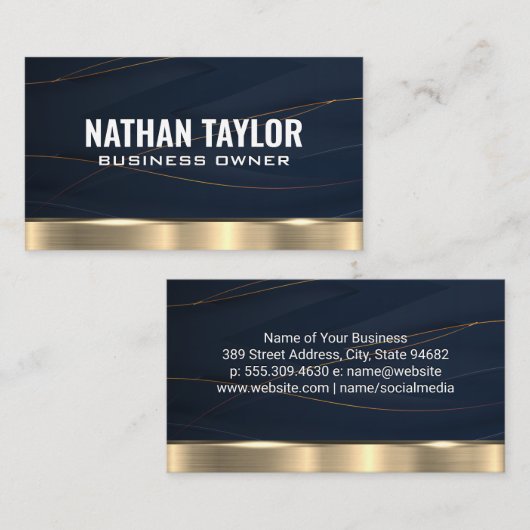 金ゴールドメタリックライン濃い青の背景 名刺 (正面/裏面)