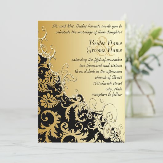 金ゴールドメタリックヴィンテージダマスロマンチック渦 招待状 (スタンド正面)