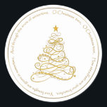 金ゴールドメタリック映画「O Christmas Tree」歌詞 ラウンドシール<br><div class="desc">美しい曲線と渦巻きを持ち、白い背景の上に星を持つ金の金属のフィリグリーのクリスマスツリー。このミニマルな休日のシンボルは金ゴールドと白で、清潔で明るく、明るい表情を持っている。それは休日の間に喜びを広げる。このデザインはクリスマス・キャロル「O Christmas Tree」の歌詞と円形タイポグラフィで囲まれている。</div>