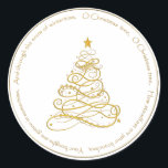 金ゴールドメタリック映画「O Christmas Tree」歌詞 ラウンドシール<br><div class="desc">美しい曲線と渦巻きを持ち、白い背景の上に星を持つ金の金属のフィリグリーのクリスマスツリー。このミニマルな休日のシンボルは金ゴールドと白で、清潔で明るく、明るい表情を持っている。それは休日の間に喜びを広げる。このデザインはクリスマス・キャロル「O Christmas Tree」の歌詞と円形タイポグラフィで囲まれている。</div>