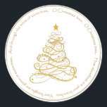 金ゴールドメタリック映画「O Christmas Tree」歌詞 ラウンドシール<br><div class="desc">美しい曲線と渦巻きを持ち、白い背景の上に星を持つ金の金属のフィリグリーのクリスマスツリー。このミニマルな休日のシンボルは金ゴールドと白で、清潔で明るく、明るい表情を持っている。それは休日の間に喜びを広げる。このデザインはクリスマス・キャロル「O Christmas Tree」の歌詞と円形タイポグラフィで囲まれている。</div>