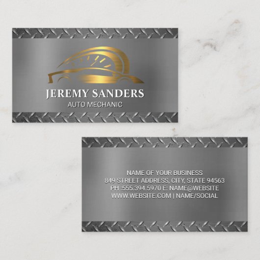 金ゴールドメタリック自動ロゴ |鋼の背景 名刺 (正面/裏面)