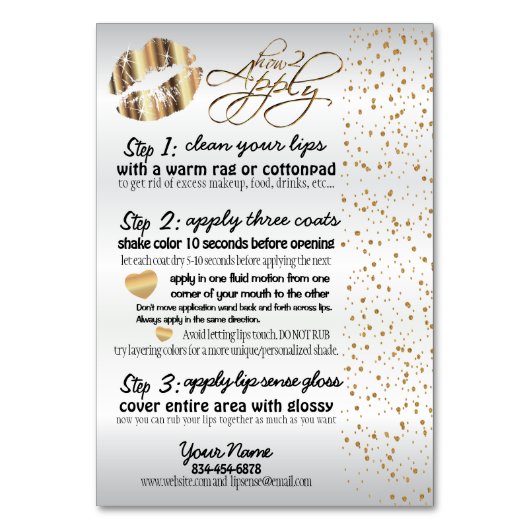 金ゴールドメタルおよび金ゴールド紙吹雪リップインストラクション2 テーブルナンバー (正面)