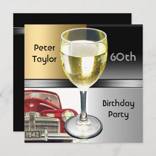 金ゴールドメタルシルバーレッドカーメンズ60誕生日マン 招待状 (正面/裏面)