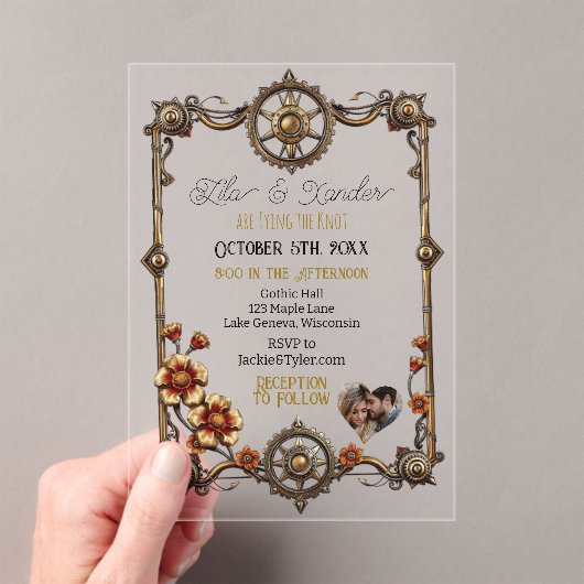 金ゴールドメタルスチームパンクの花と写真結婚の数 アクリル招待状 (インサイチュ (ポータブル))