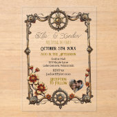 金ゴールドメタルスチームパンクの花と写真結婚の数 アクリル招待状 (正面)