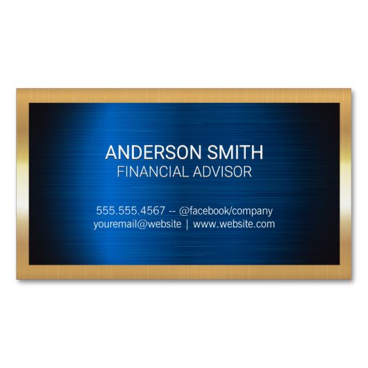 金ゴールドメタルフレーム | ブルーメタルバックグランドビジネス マグネット名刺 (正面)