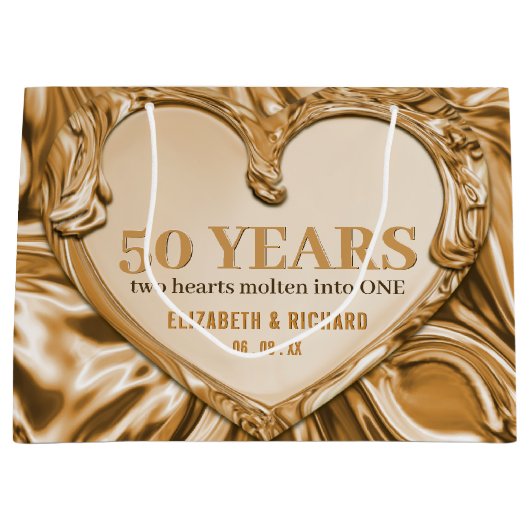 金ゴールドメタル結婚ハート記念日 ラージペーパーバッグ (正面)