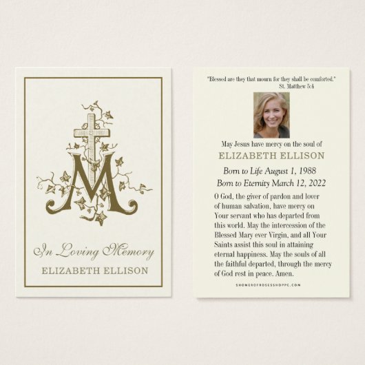 金ゴールドメリアンクロスヴァージンメリーモディラル祈りの言葉カード (正面&裏面)