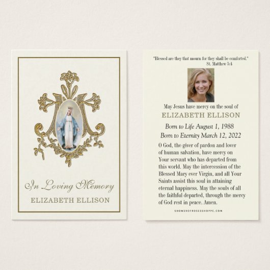 金ゴールドメリアンクロスヴァージンメリーモディラル祈りの言葉カード (正面&裏面)