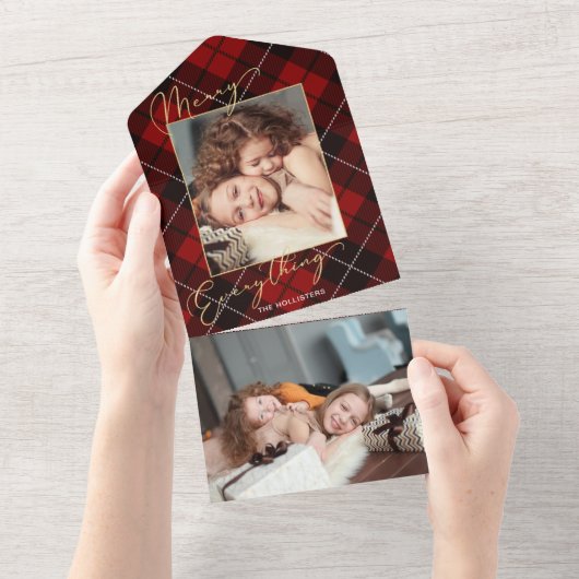 金ゴールドメリーすべて書道赤い格子写真 オールインワン招待状 (貼ってはがせる)