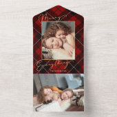 金ゴールドメリーすべて書道赤い格子写真 オールインワン招待状 (内側)