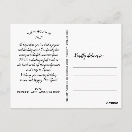 金ゴールドメリーと明るいハッピーホリデーズファミリーフォト ポストカード (裏面)