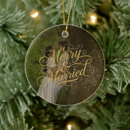 金ゴールドメリーと結婚した初めてのクリスマスフォトホリデー セラミックオーナメント (ツリー)