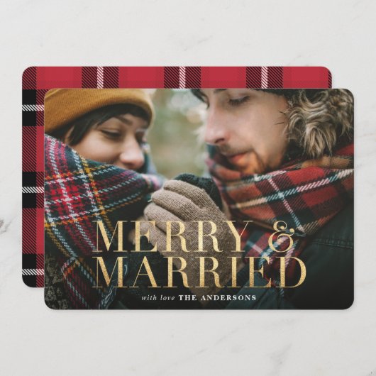金ゴールドメリーと結婚した赤いplaidのフォトカード シーズンカード (正面/裏面)