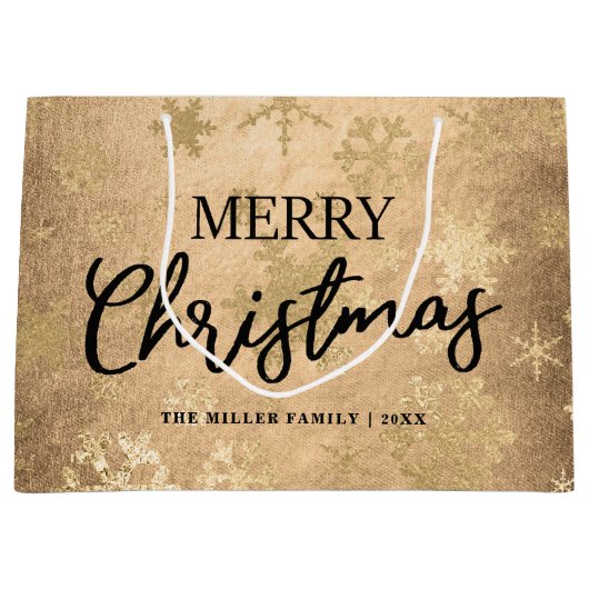 金ゴールドメリーエレガントクリスマスの雪片模様 ラージペーパーバッグ (正面)