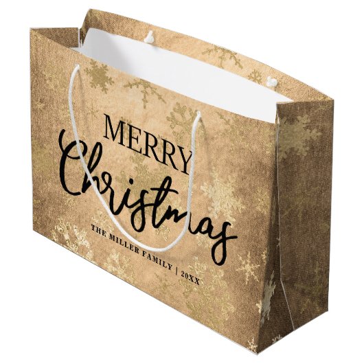 金ゴールドメリーエレガントクリスマスの雪片模様 ラージペーパーバッグ (裏面アングル)
