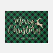 金ゴールドメリークエレガントリスマスブラック&グリーンプレイド ドアマット (正面)