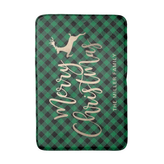 金ゴールドメリークエレガントリスマスブラック&グリーンプレイド バスマット (正面縦)