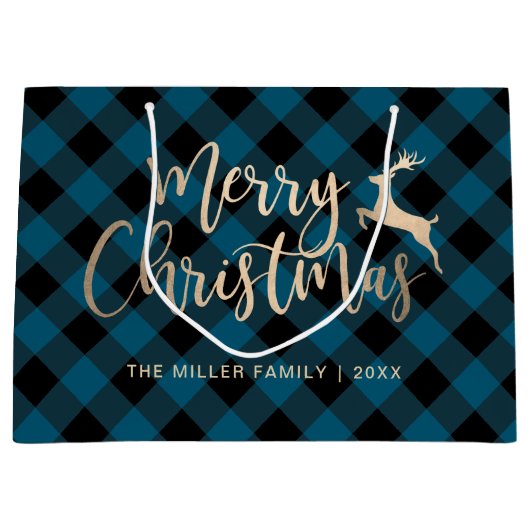 金ゴールドメリークエレガントリスマスブラック&ブループレイド ラージペーパーバッグ (正面)