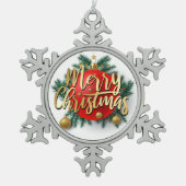 金ゴールドメリークリスマスとリース スノーフレークピューターオーナメント (正面)