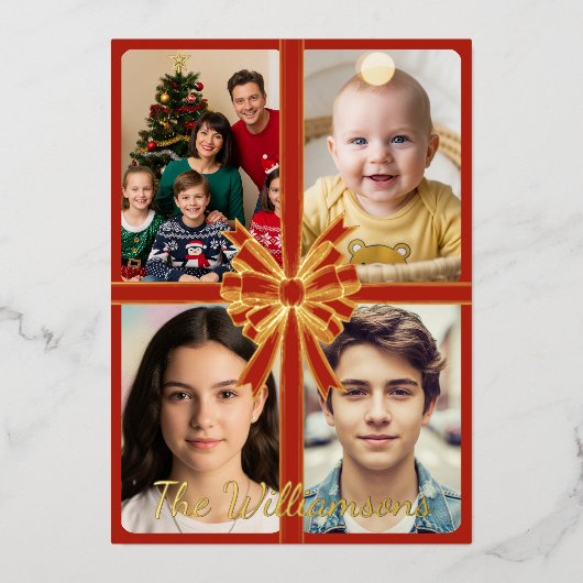 金ゴールドメリークリスマスと金ゴールドの弓、写真 箔シーズンカード (正面)