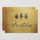 金ゴールドメリークリスマスウォーターカラーツリーグリーンスクリプト シーズンカード (正面/裏面)