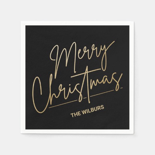 金ゴールドメリークリスマスオンブラックパーソナライズされた スタンダードカクテルナプキン (正面)