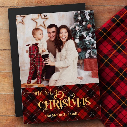 金ゴールドメリークリスマスオンレッドタータンチェック写真