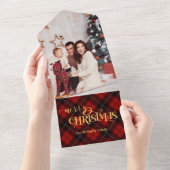 金ゴールドメリークリスマスオンレッドタータンチェック写真 オールインワン招待状 (貼ってはがせる)