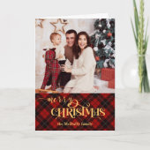 金ゴールドメリークリスマスオンレッドタータンチェック写真 シーズンカード (正面)