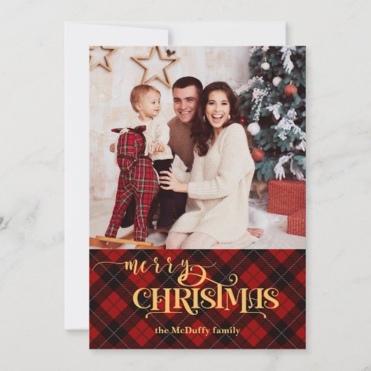 金ゴールドメリークリスマスオンレッドタータンチェック写真 シーズンカード (正面)