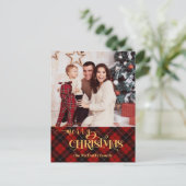 金ゴールドメリークリスマスオンレッドタータンチェック写真 シーズンポストカード (スタンド正面)