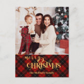 金ゴールドメリークリスマスオンレッドタータンチェック写真 シーズンポストカード (正面)