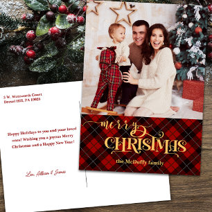 金ゴールドメリークリスマスオンレッドタータンチェック写真 シーズンポストカード