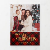金ゴールドメリークリスマスオンレッドタータンチェック写真 三つ折りカード (カバー)