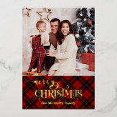 金ゴールドメリークリスマスオンレッドタータンチェック写真 箔シーズンカード (正面)