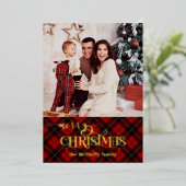 金ゴールドメリークリスマスオンレッドタータンチェック写真 箔シーズンカード (立ち正面)