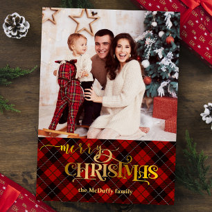 金ゴールドメリークリスマスオンレッドタータンチェック写真 箔シーズンカード