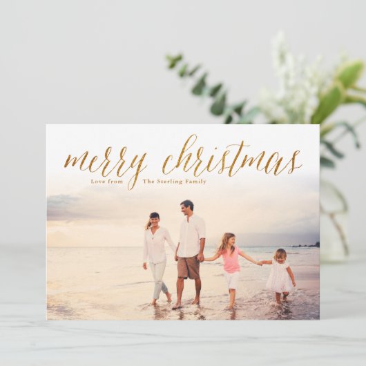 金ゴールドメリークリスマスグリッタールックフォトカード シーズンカード (スタンド正面)