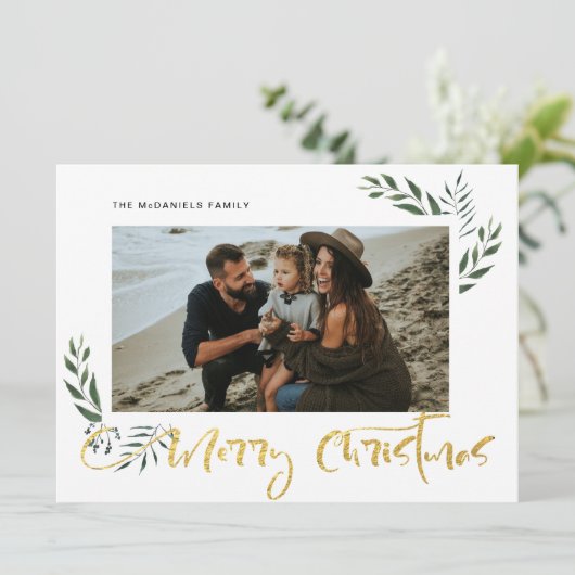 金ゴールドメリークリスマススリーフォトホリデー シーズンカード (スタンド正面)