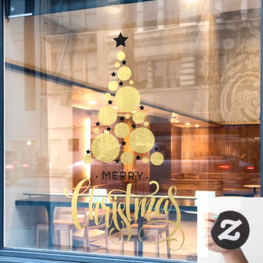 金ゴールドメリークリスマスツリースターズホリデー ウィンドウサイン (カフェ窓)