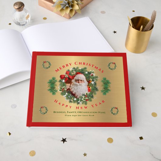 金ゴールドメリークリスマスハッピーニューイヤーSanta Photo ゲストブック (正面見開き)