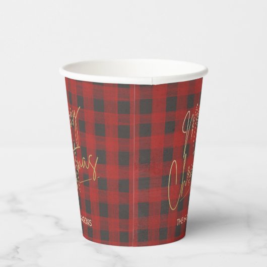 金ゴールドメリークリスマスバッファローパーソナライズされたチェック 紙コップ (右)